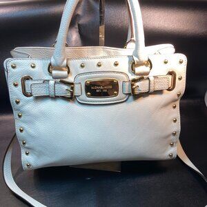 Michael Kors Hamilton Studded Leather Satchel Tote – Off White – Chain Strap